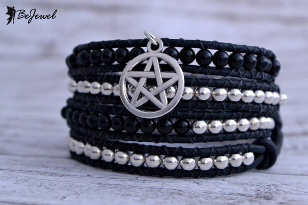 Bratara wrap cu snur de piele si pietre semipretioase ''Witchy witch''