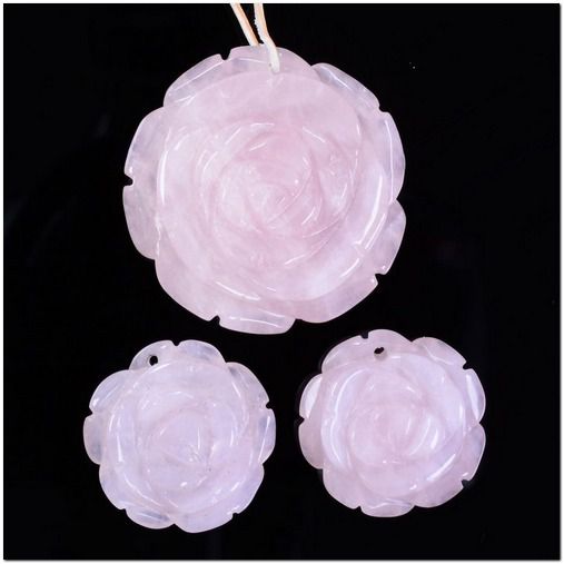 6411# SET Pandantiv / charms, floare sculptata, cuart roz