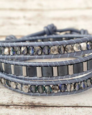 Bratara wrap snur de piele si cristale ''Powdered blue''