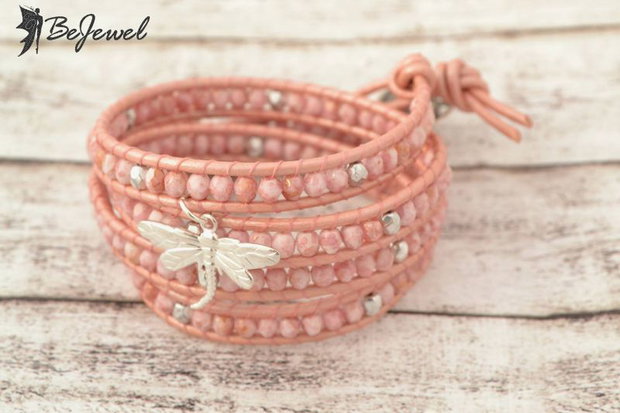Bratara wrap snur de piele si cristale ''Soft Pink'' ----Rezervata