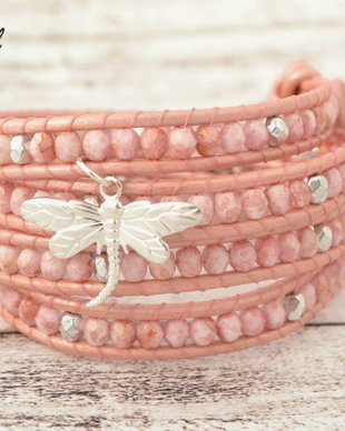 Bratara wrap snur de piele si cristale ''Soft Pink'' ----Rezervata