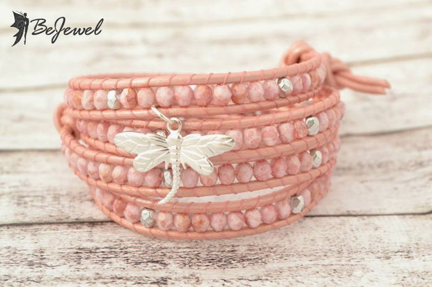 Bratara wrap snur de piele si cristale ''Soft Pink'' ----Rezervata