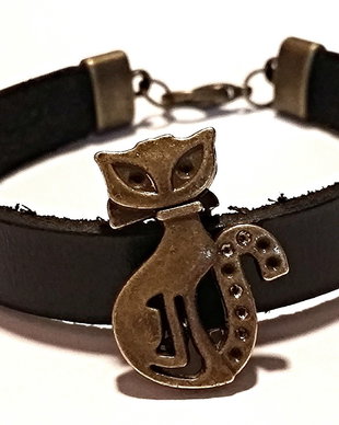 Bratara piele cu link bronz pisicuta