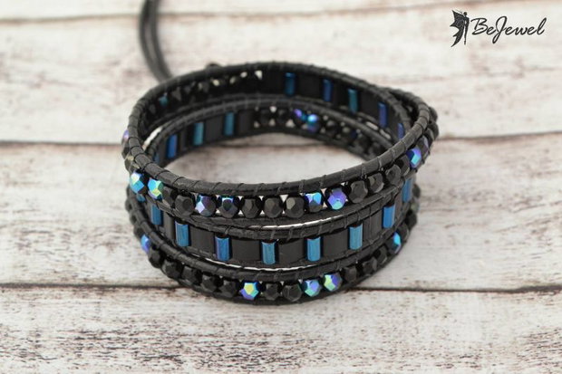 Bratara wrap snur de piele si cristale ''Black Cat''