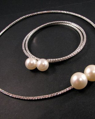 6058 - SET Baza colier, baza bratara, argintiu, rhinestones, perle acrilice