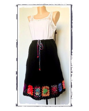 Fusta Colorata Etno Crosetata Tricotata Boho Midi Fusta Neagra