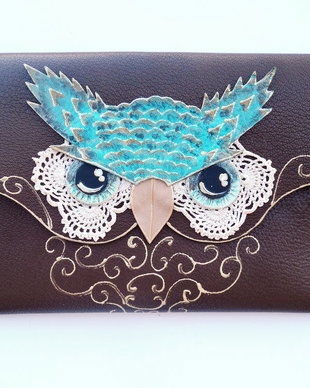 poseta plic handmade unicat din piele - Vintage Turquoise Owl