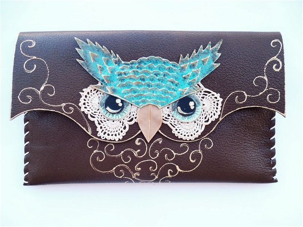 poseta plic handmade unicat din piele - Vintage Turquoise Owl