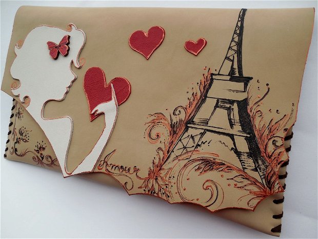 poseta plic handmade unicat din piele - From Paris With Love