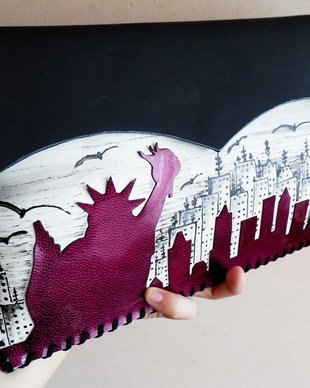 poseta plic handmade unicat din piele - New York skyline silhouette