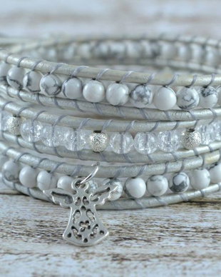 Bratara wrap piele si pietre semipretioase 'Snow Angel'