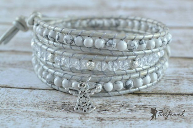 Bratara wrap piele si pietre semipretioase 'Snow Angel'