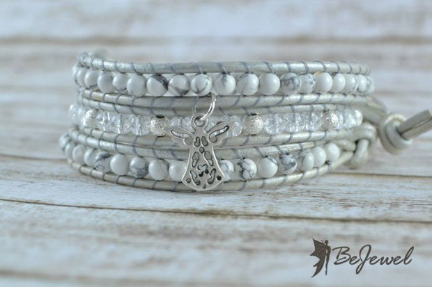 Bratara wrap piele si pietre semipretioase 'Snow Angel'