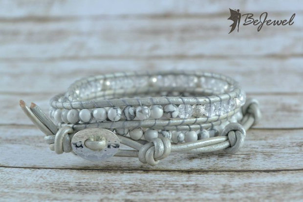Bratara wrap piele si pietre semipretioase 'Snow Angel'