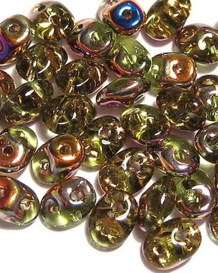Margele din sticla, Superduo, Olivine Semi Bronze Luster