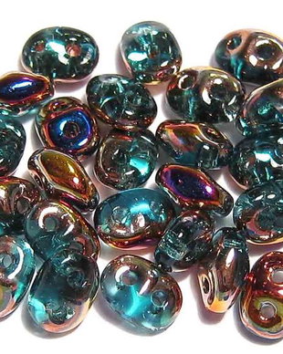 Margele din sticla, Superduo, Aquamarine  Semi Bronze Luster