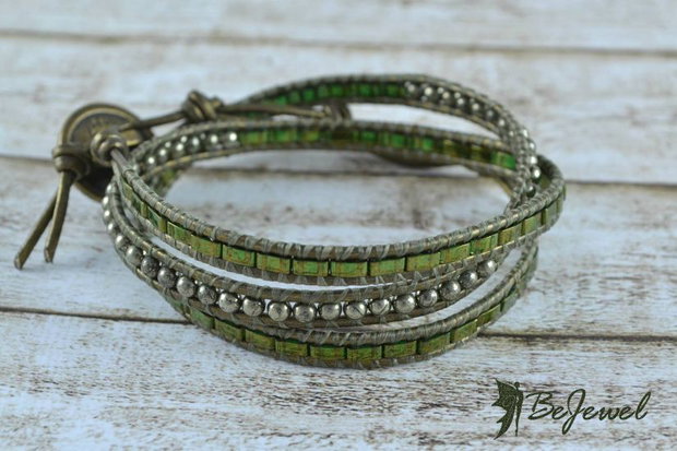 Bratara wrap piele si pietre semipretioase 'Olivine'