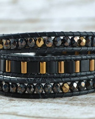 Bratara wrap snur de piele si cristale ''Contrast''