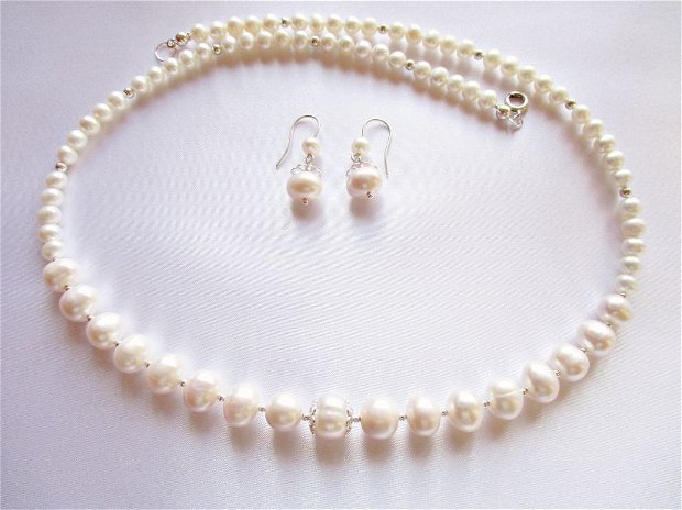 Set argint colier si cercei cu perle naturale alb-ivoire
