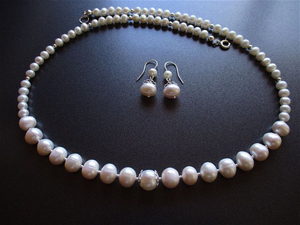 Set argint colier si cercei cu perle naturale alb-ivoire