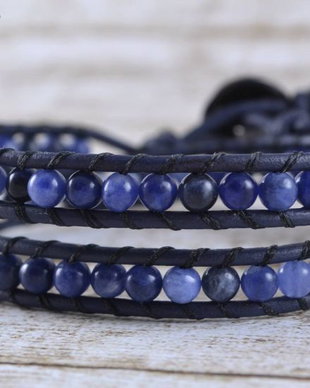 Bratara wrap barbateasc-piele si  semipretioase ''Jeans''