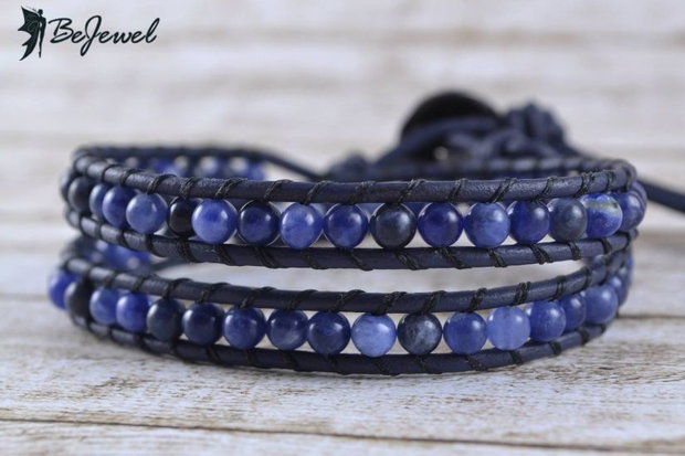Bratara wrap barbateasc-piele si  semipretioase ''Jeans''
