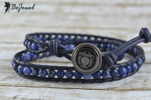 Bratara wrap barbateasc-piele si  semipretioase ''Jeans''