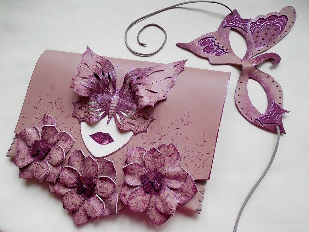 poseta plic handmade unicat din piele - Purple Mysterious Girl