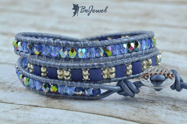 Bratara wrap cu snur de piele si cristale ''Blue sky''