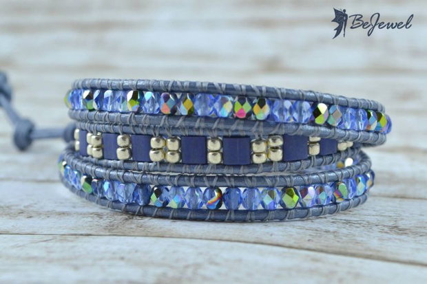 Bratara wrap cu snur de piele si cristale ''Blue sky''