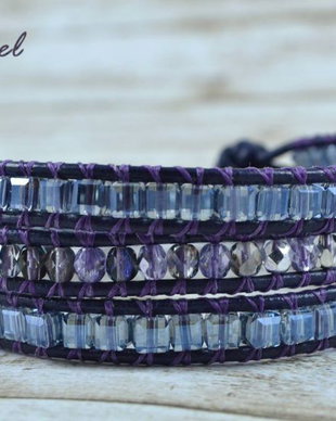 Bratara wrap cu snur de piele si cristale ''Mauve''