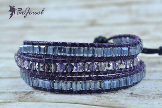 Bratara wrap cu snur de piele si cristale ''Mauve''