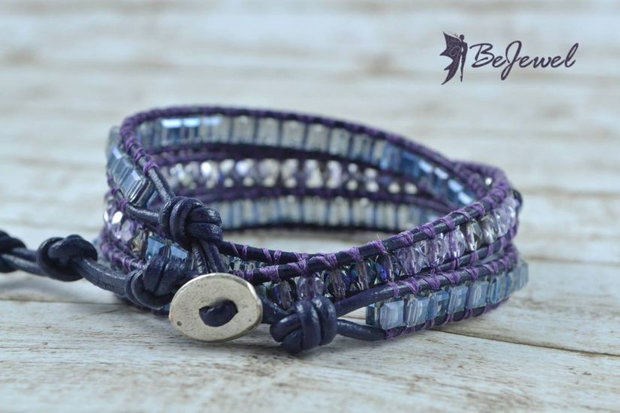 Bratara wrap cu snur de piele si cristale ''Mauve''