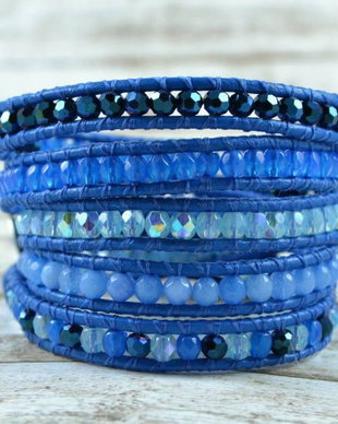 Bratara wrap snur de piele si cristale ''Why so blue?''