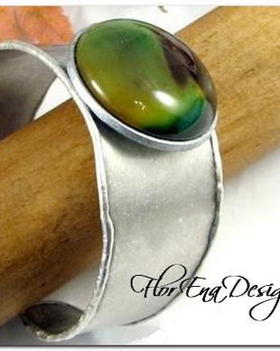F1181 # Bratara alama placata cu argint, aspect invechit, cabochon agata verde olive negru