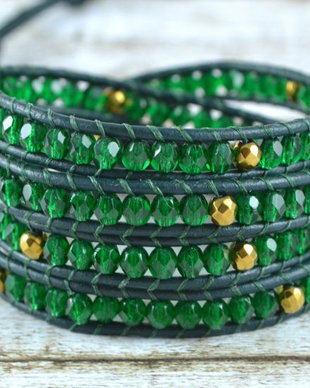 Bratara wrap cu snur de piele si cristale ''Christmas tree''