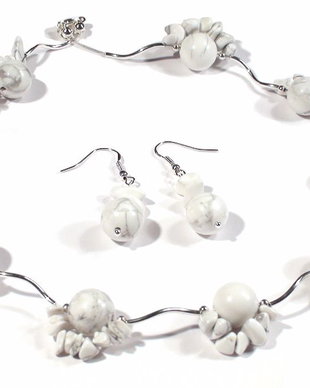 Colier si cercei din Argint 925 si Howlite alb-gri - Flori de iarna - CO053, CE053