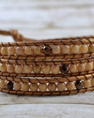 Bratara wrap cu snur de piele si cristale ''Cinnamon Latte''