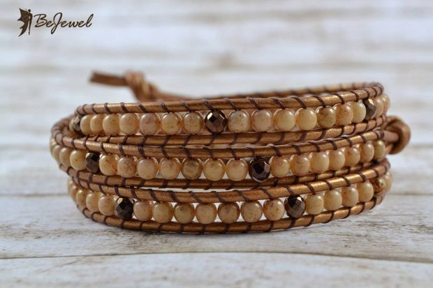 Bratara wrap cu snur de piele si cristale ''Cinnamon Latte''
