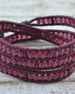 Bratara wrap cu snur de piele si cristale ''Mauve'