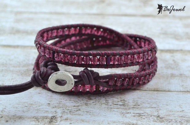 Bratara wrap cu snur de piele si cristale ''Mauve'