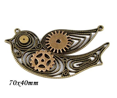 6573 - Pandantiv, pasare, filigran, aliaj metalic bronz, rotite ceas, steampunk