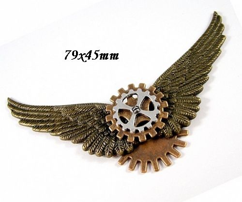 6585 - Pandantiv, aripi inger, rotite ceas, steampunk, aliaj metalic bronz cupru argintiu