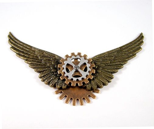 6585 - Pandantiv, aripi inger, rotite ceas, steampunk, aliaj metalic bronz cupru argintiu