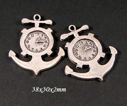 6592 - (2buc) Pandantiv / charms, ancora, cadran ceas, steampunk, aliaj metalic argintiu