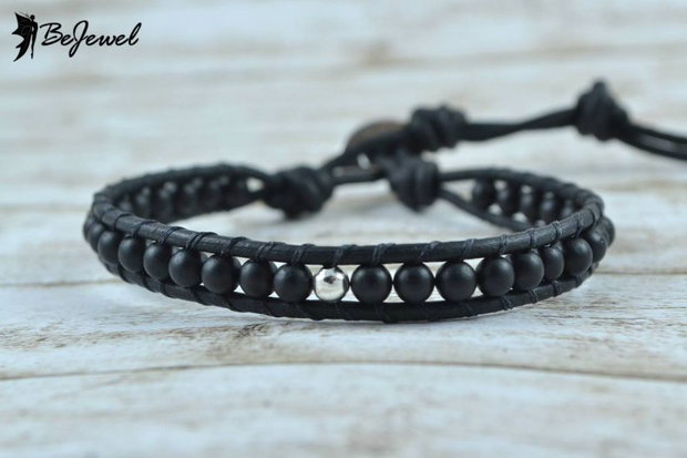 Bratara wrap barbateasca cu snur de piele si onix