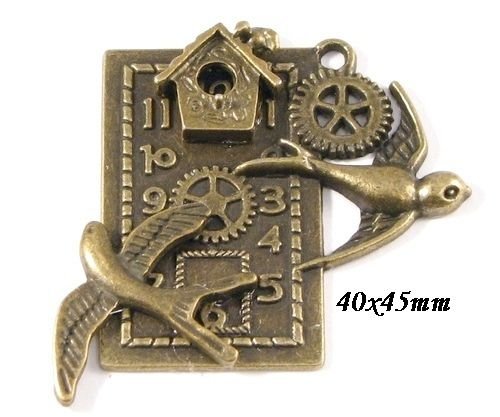 6602 - Pandantiv, cadran ceas, pasari, casuta, steampunk, aliaj metalic bronz