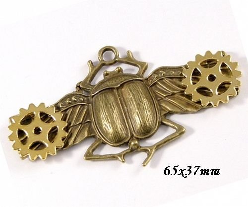 6605 - Pandantiv, scarabeu, rotite ceas, steampunk, aliaj metalic bronz si auriu