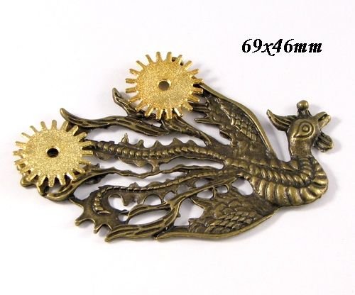 6607 - Pandantiv, pasare paun / phoenix, rotite ceas, steampunk, aliaj metalic bronz si auriu stardust