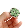 Martisor Brodat Trifoi cu patru foi -  4 Leaf Clover -  in punct cruce  - Verde cu negru